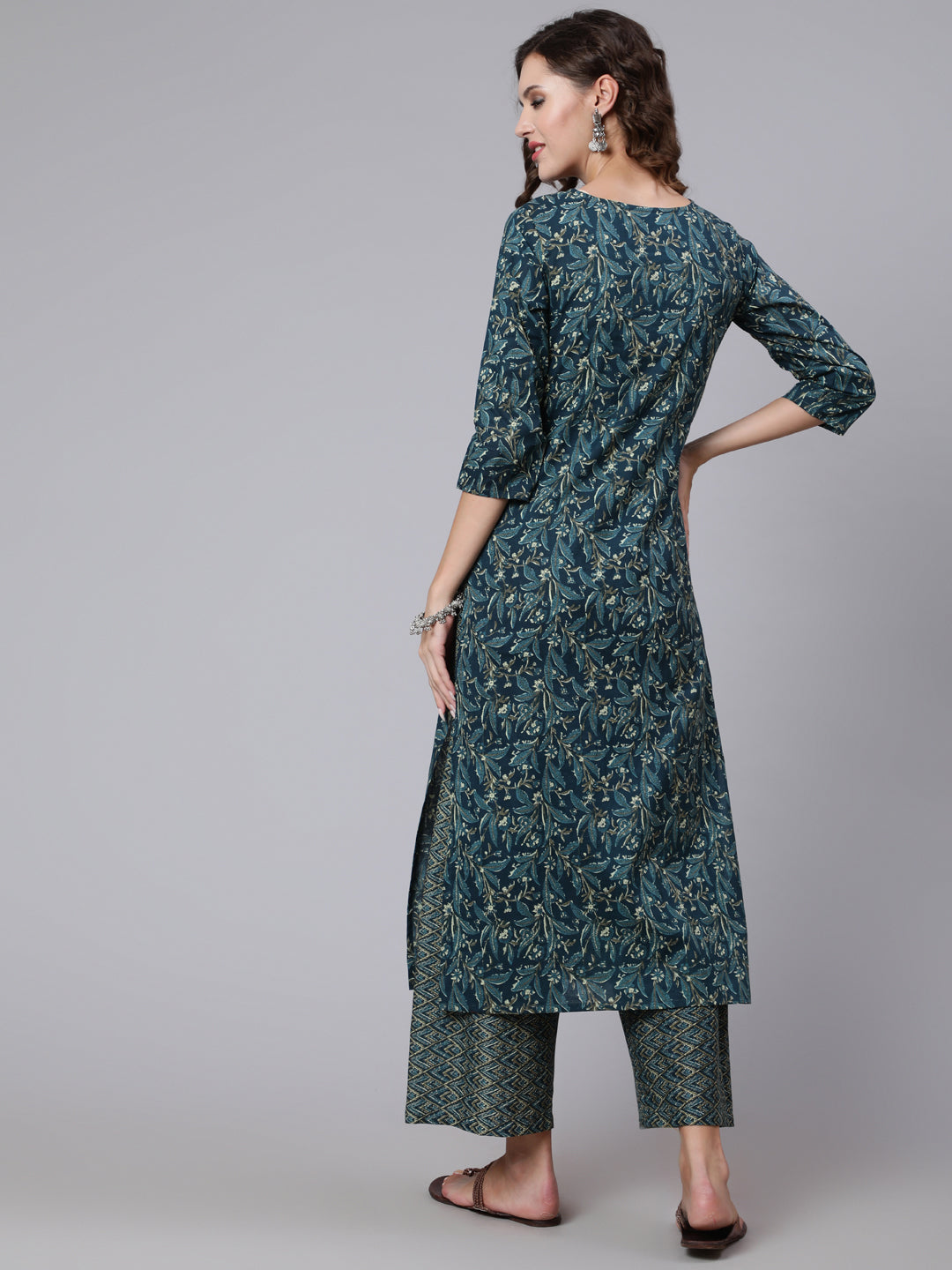 Women Teal Blue Printed Ethnic Kurta With Palazzo | LASVINI - Redefining Indian Fashion with Elegance