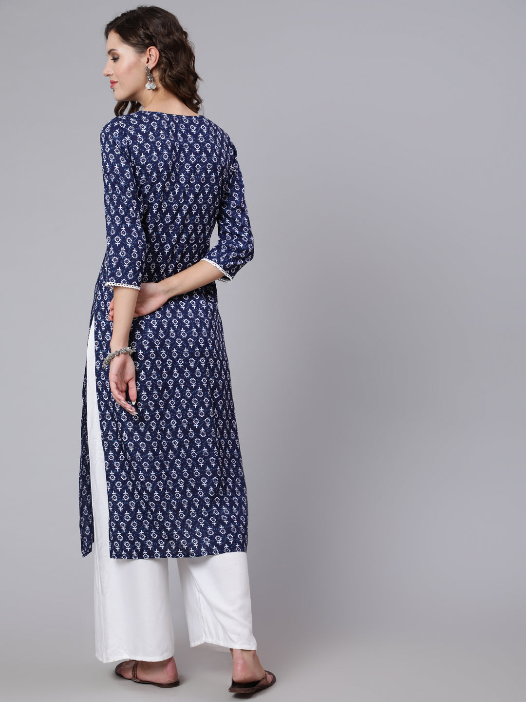 Women Blue Printed Straight Kurta With Three Quarter Sleeves | LASVINI - Redefining Indian Fashion with Elegance