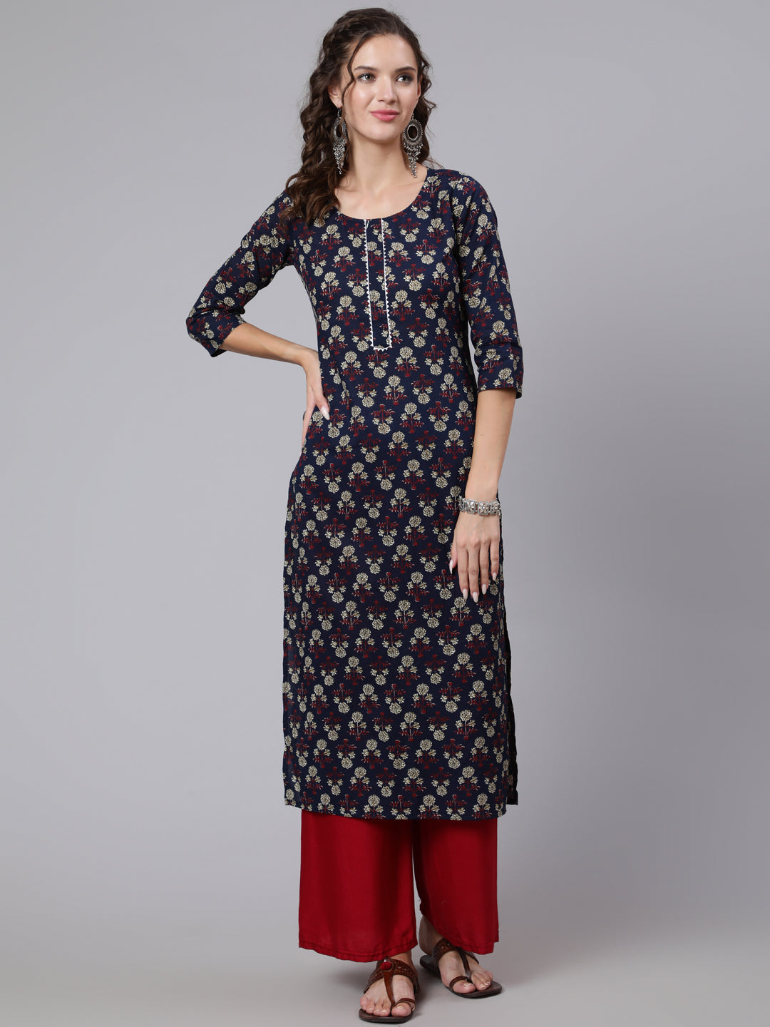 Women Navy Blue Printed Straight Kurta With Three Quarter Sleeves | LASVINI - Redefining Indian Fashion with Elegance