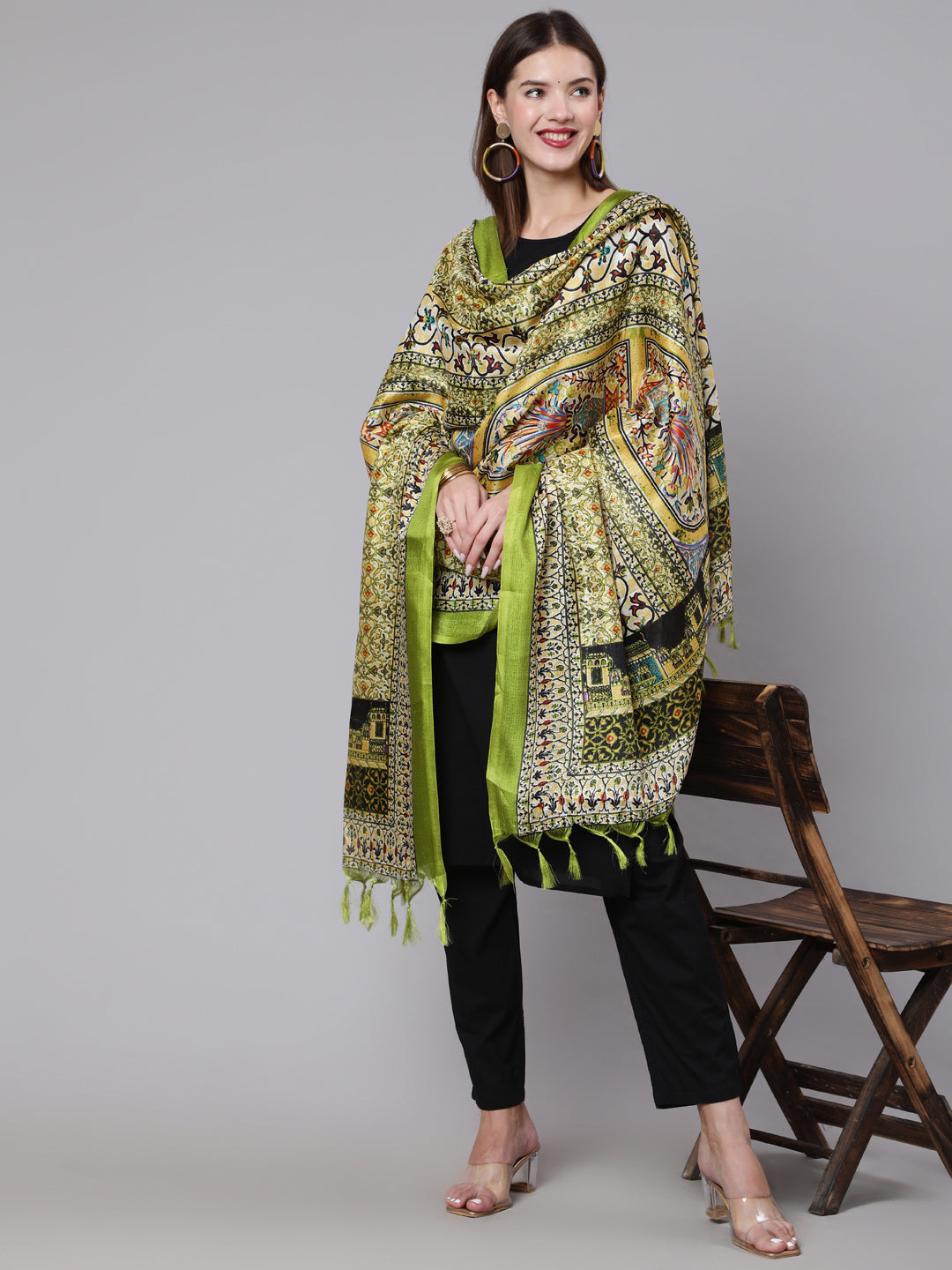 Women Black Solid Kurta And Palazzo With Printed Dupatta | LASVINI - Redefining Indian Fashion with Elegance