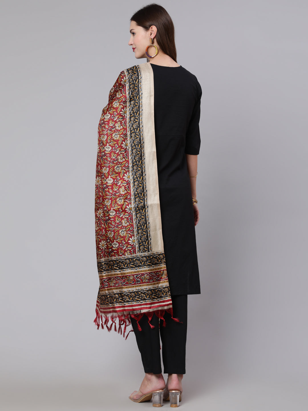 Women Black Solid Kurta And Palazzo With Printed Dupatta | LASVINI - Redefining Indian Fashion with Elegance