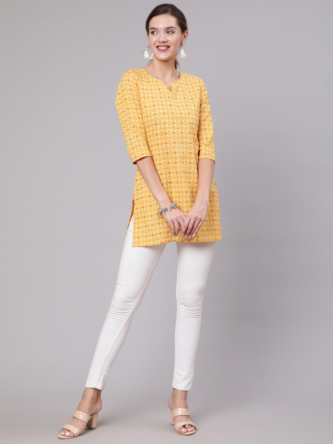 Women Yellow Printed Straight Tunic With Three Quarter Sleeves | LASVINI - Redefining Indian Fashion with Elegance
