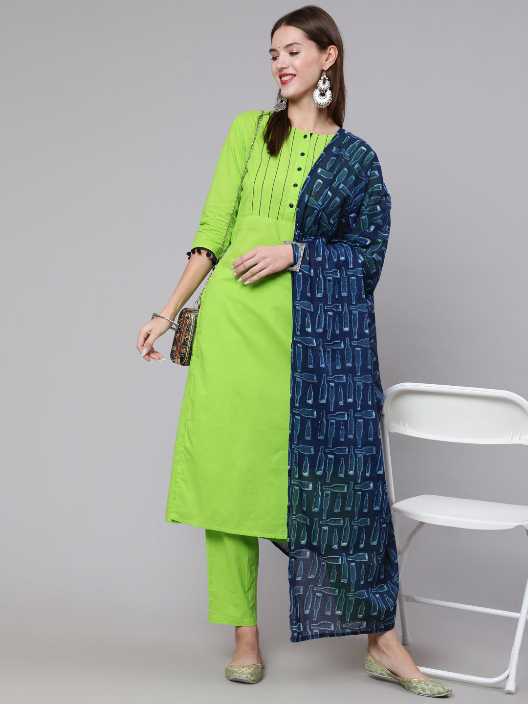 Women Green Solid Kurta And Trouser With Printed Dupatta | LASVINI - Redefining Indian Fashion with Elegance