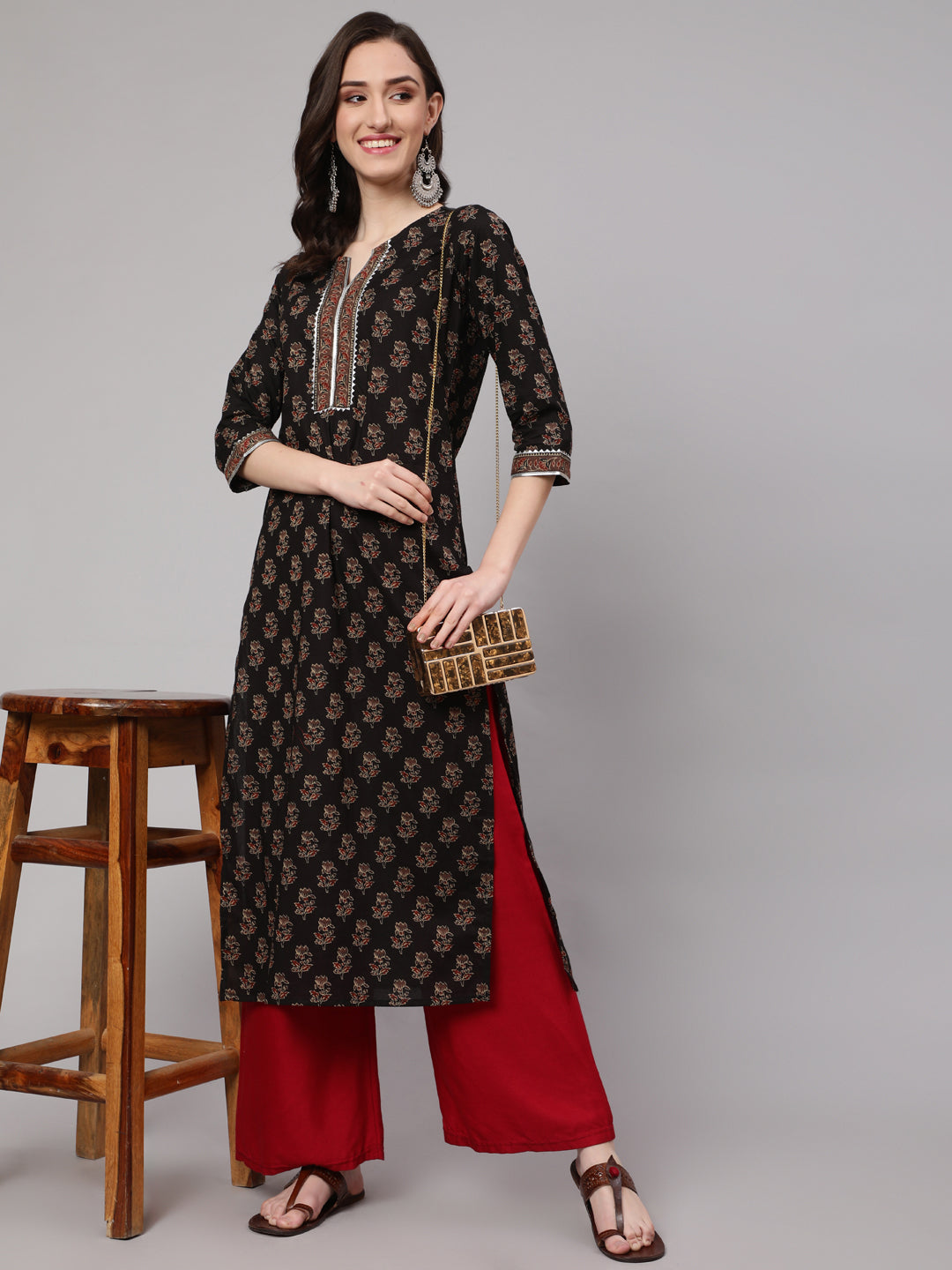 Women Black Printed Straight Kurta With Three Quarter Sleeves | LASVINI - Redefining Indian Fashion with Elegance