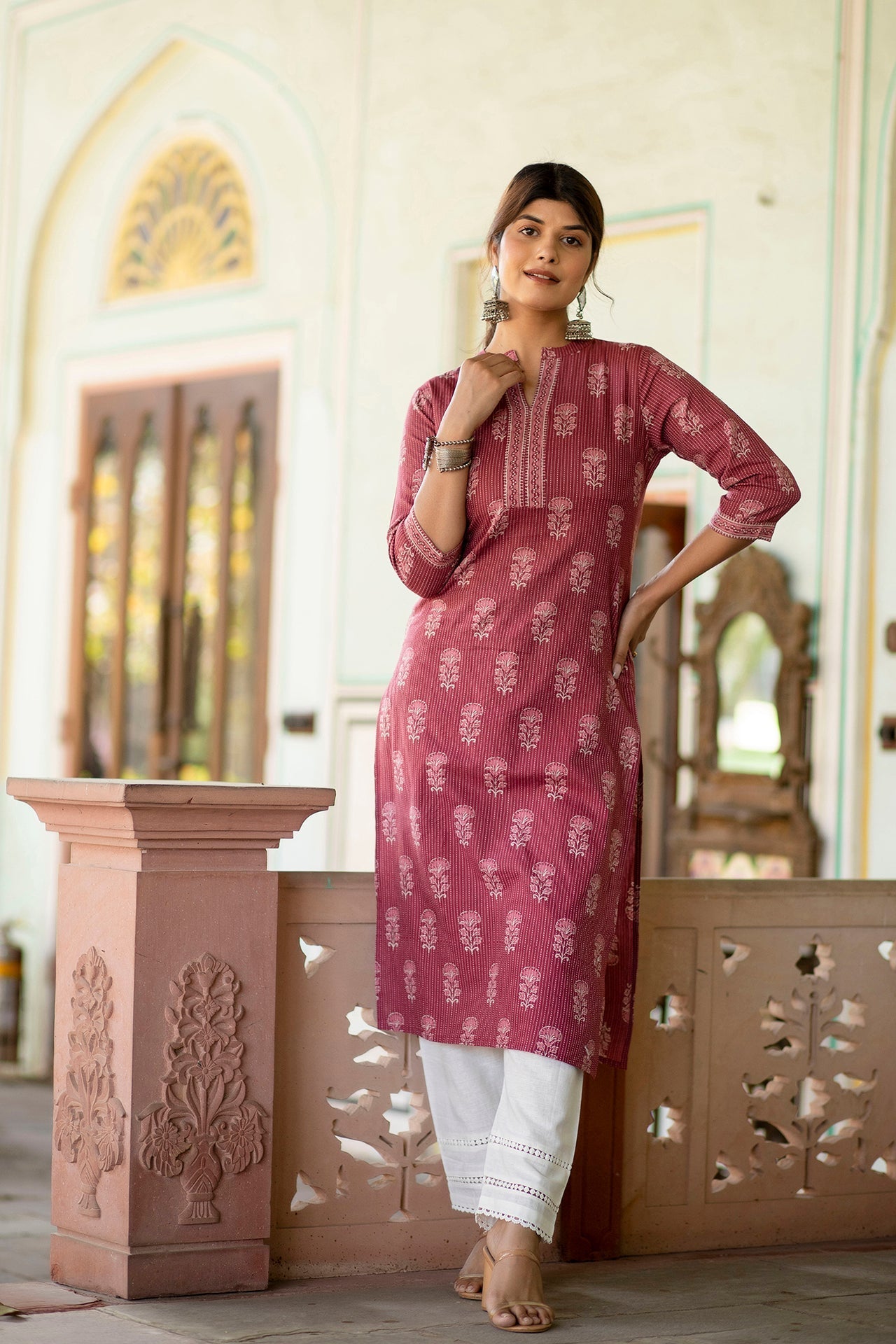 Women Mauve Printed Straight Kurta With White Solid Trouser | LASVINI - Redefining Indian Fashion with Elegance