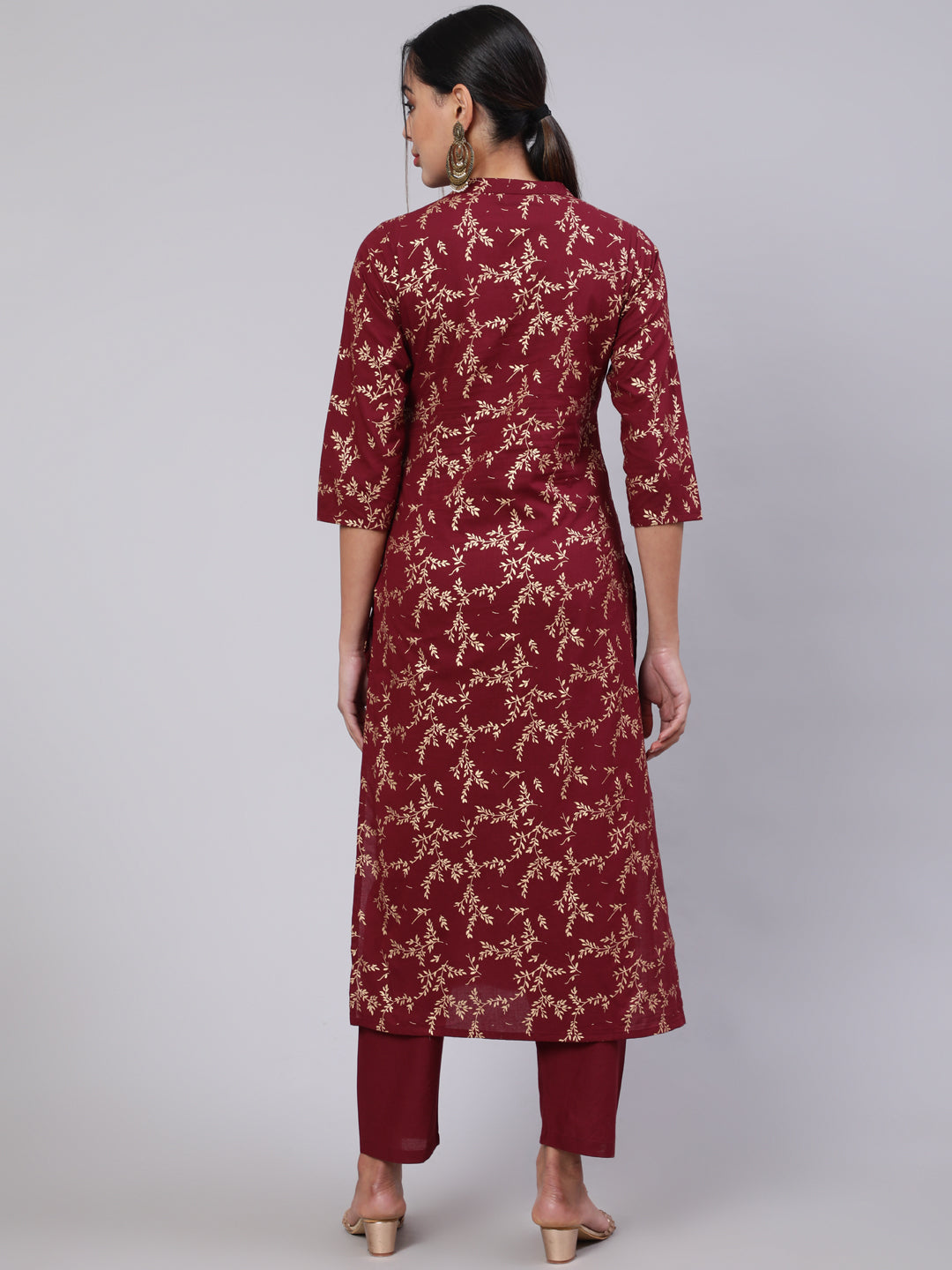 Women Burgundy Ethnic Printed Straight Kurta With Trouser | LASVINI - Redefining Indian Fashion with Elegance