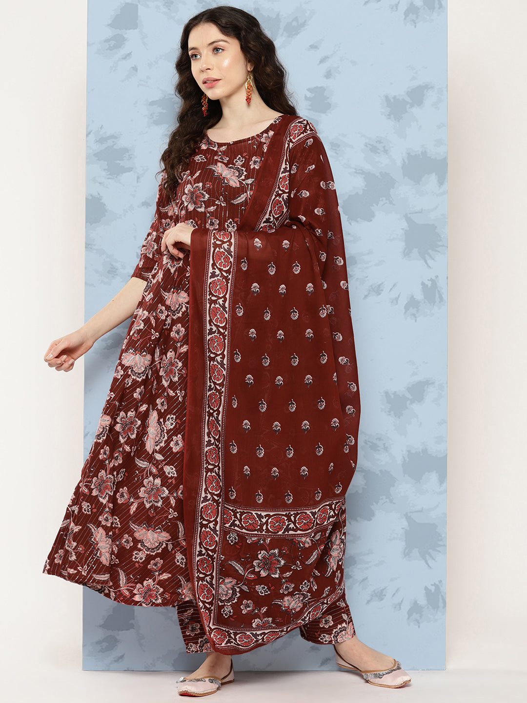 Women Maroon Floral Printed Flared Kurta With Trouser And Dupatta | LASVINI - Redefining Indian Fashion with Elegance