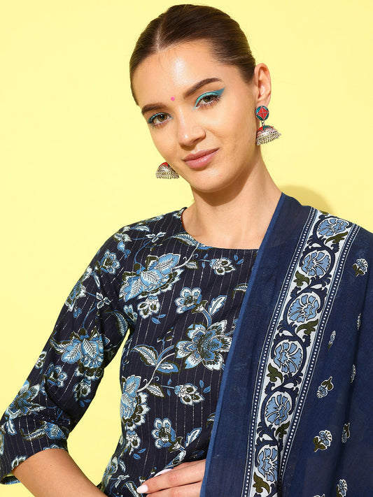 Women Indigo Blue Floral Printed Flared Kurta With Trouser And Dupatta | LASVINI - Redefining Indian Fashion with Elegance