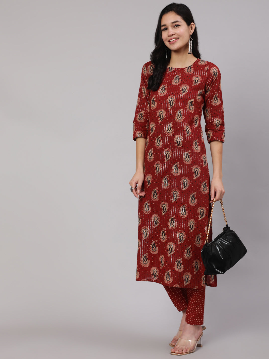 Women Maroon Ethnic Printed Straight Kurta And Palazzo | LASVINI - Redefining Indian Fashion with Elegance