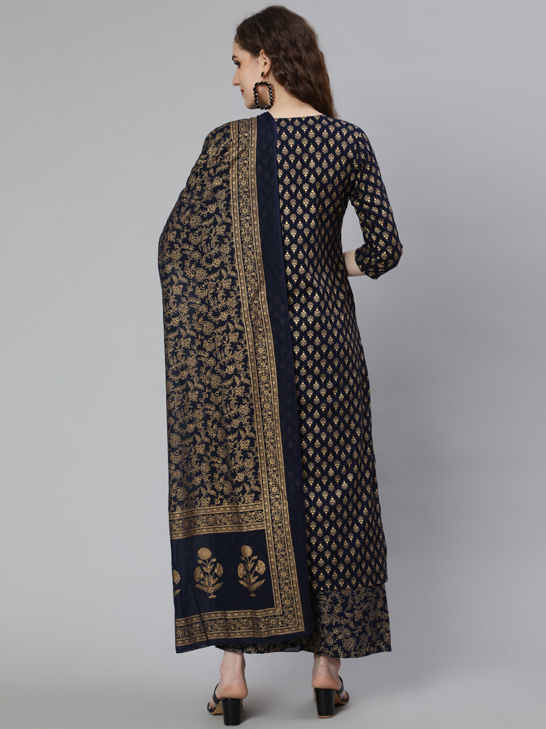 Women Navy Blue Ethnic Printed Kurta With Palazzo And Dupatta | LASVINI - Redefining Indian Fashion with Elegance