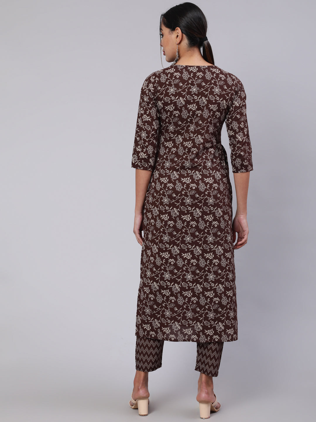 Women Brown Ethnic Printed Straight Kurta With Trouser | LASVINI - Redefining Indian Fashion with Elegance