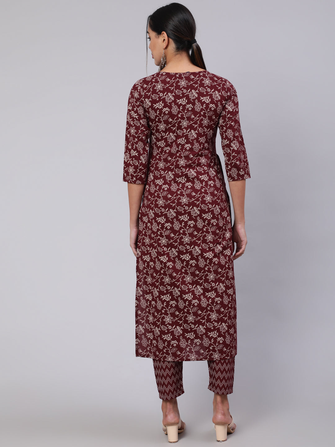 Women Burgundy Ethnic Printed Straight Kurta With Trouser | LASVINI - Redefining Indian Fashion with Elegance