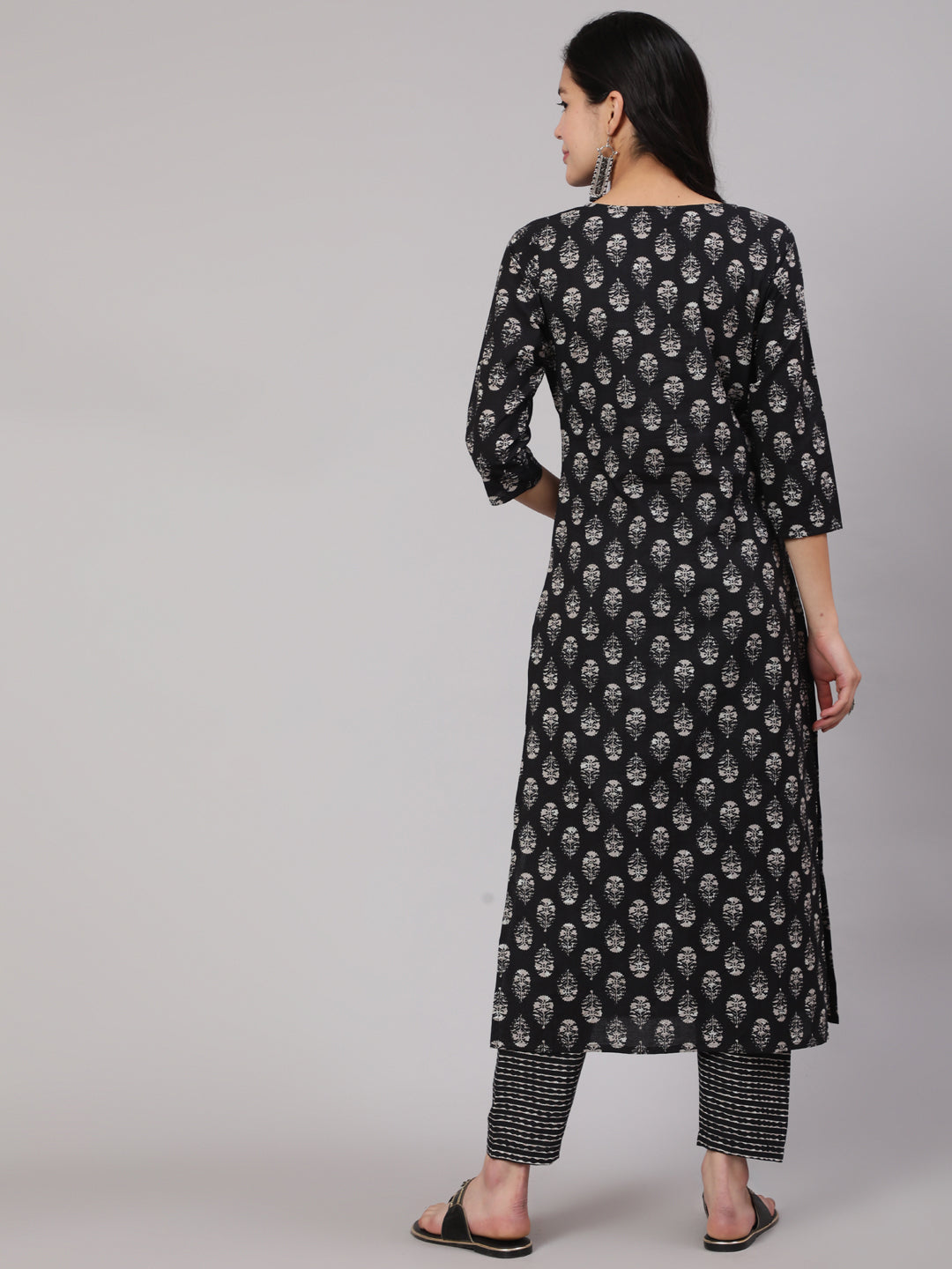 Women Black Ethnic Printed Straight Kurta With Trouser | LASVINI - Redefining Indian Fashion with Elegance