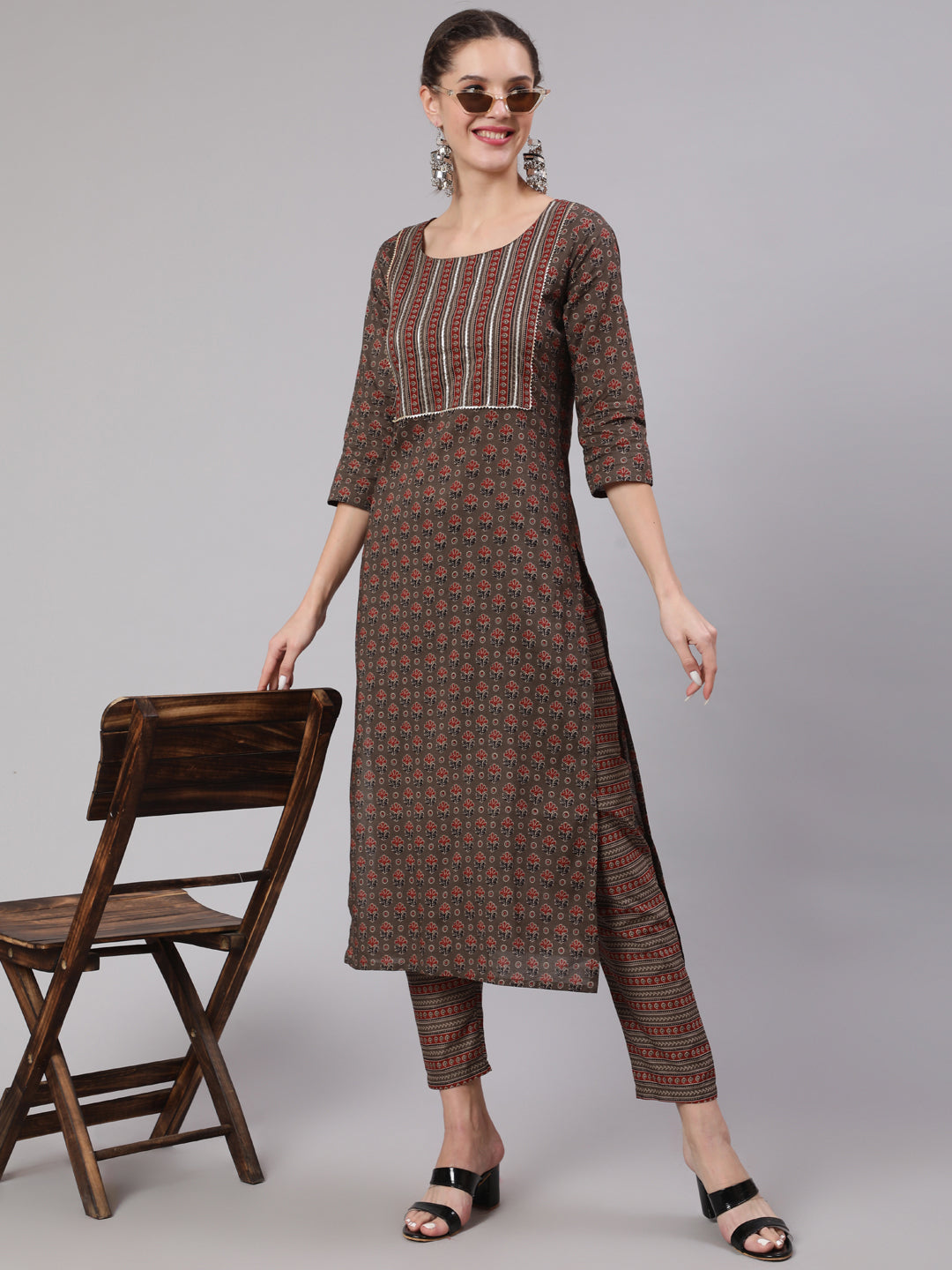 Women Taupe Ethnic Printed Straight Kurta With Trouser | LASVINI - Redefining Indian Fashion with Elegance