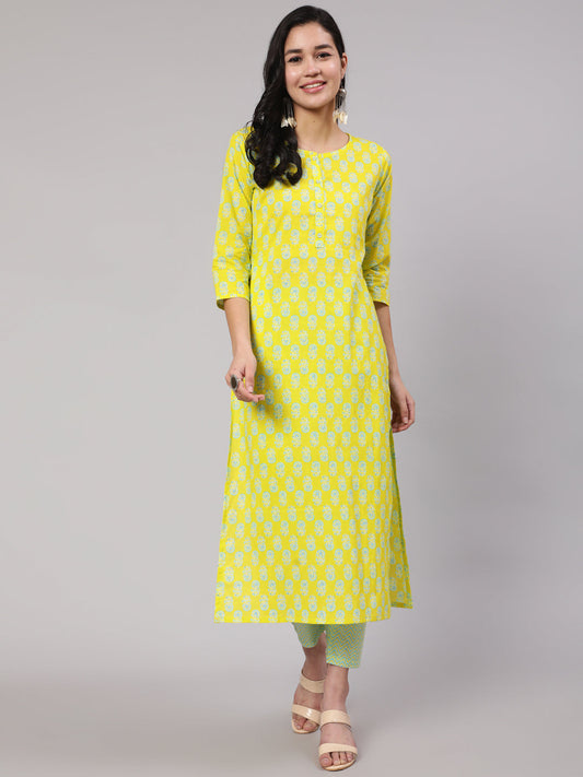 Women Lime Green Ethnic Printed Kurta With Trouser | LASVINI - Redefining Indian Fashion with Elegance
