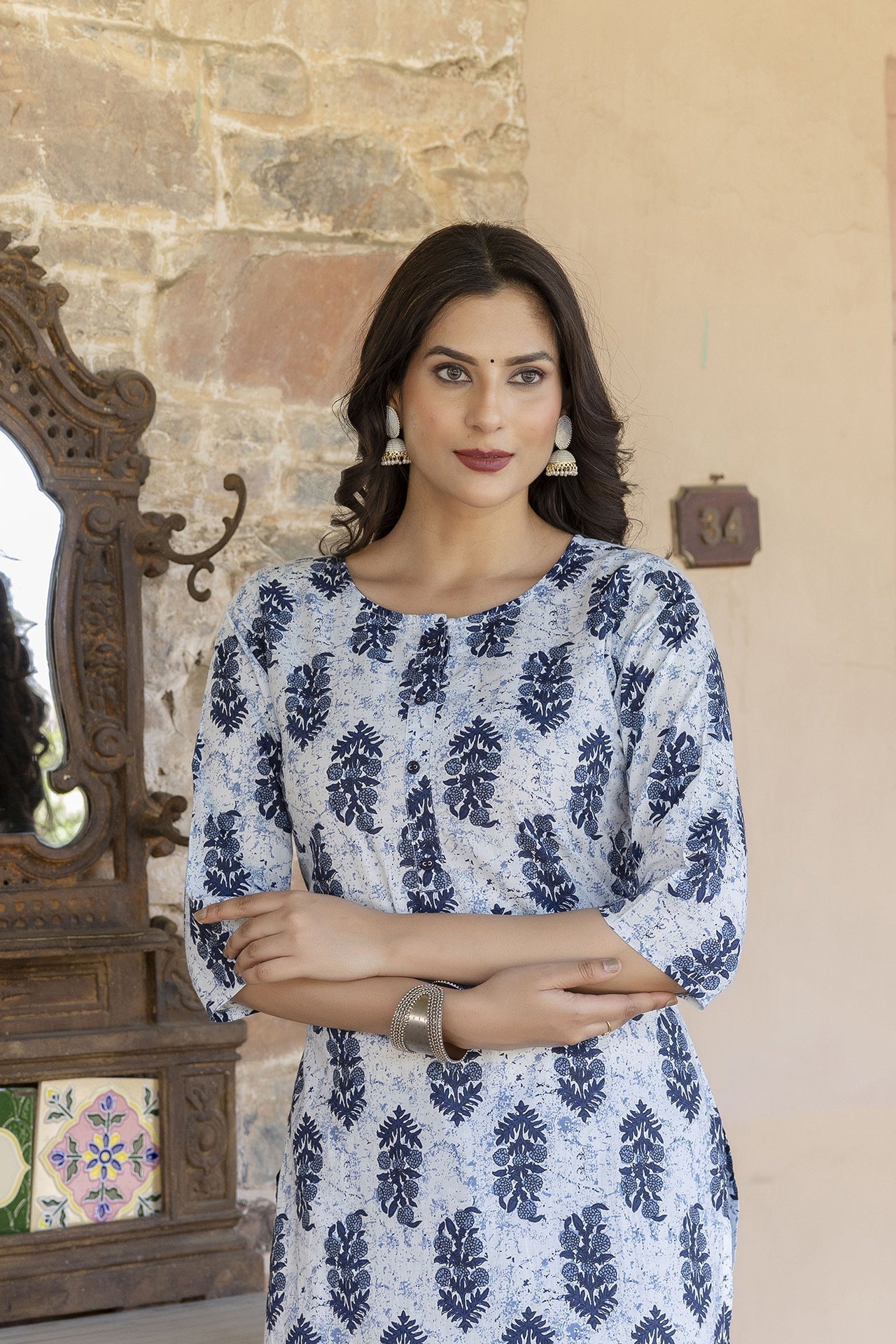 Women Blue Printed Straight Kurta With Trouser | LASVINI - Redefining Indian Fashion with Elegance