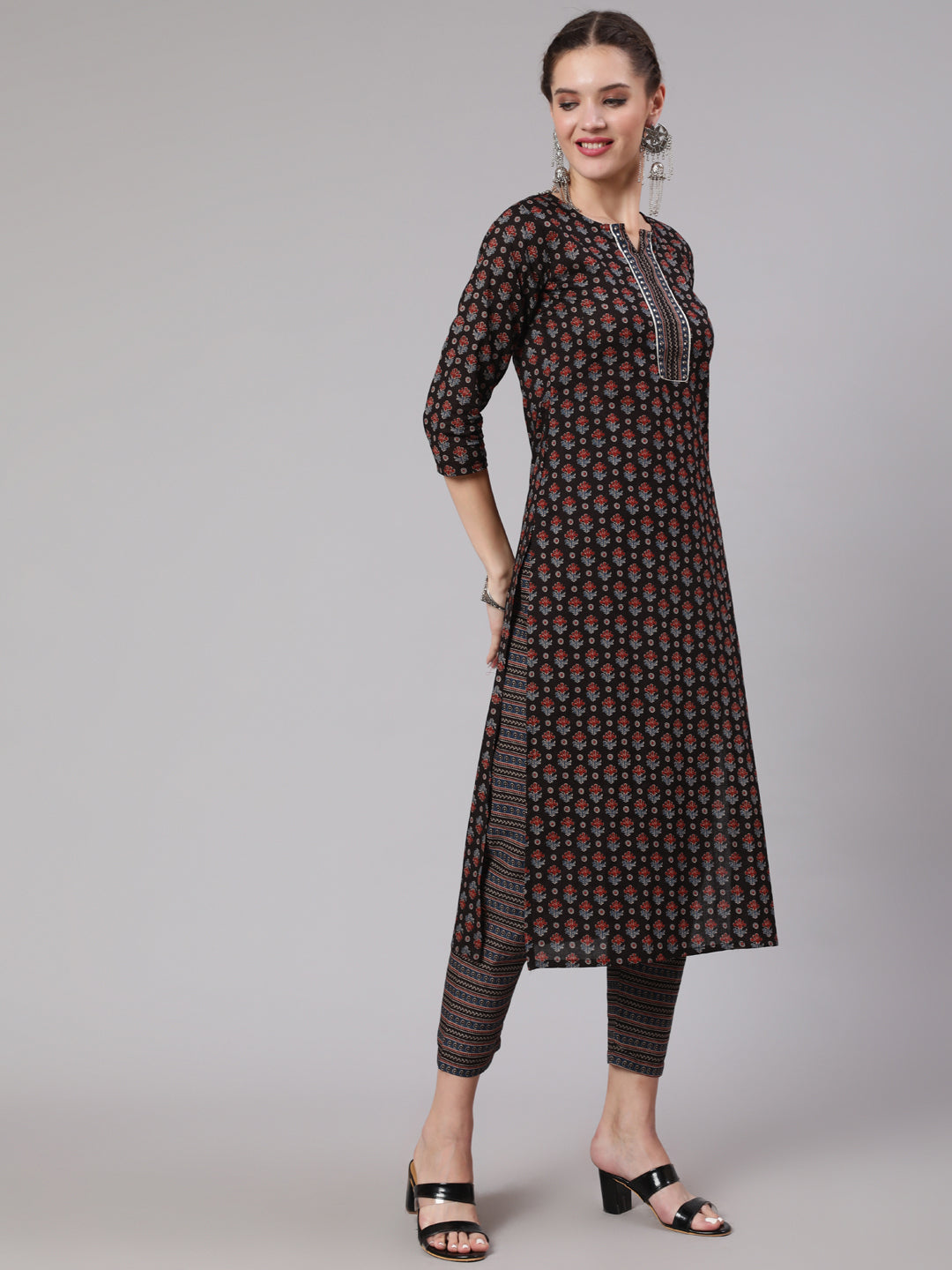 Women Black Ethnic Printed Straight Kurta With Trouser | LASVINI - Redefining Indian Fashion with Elegance