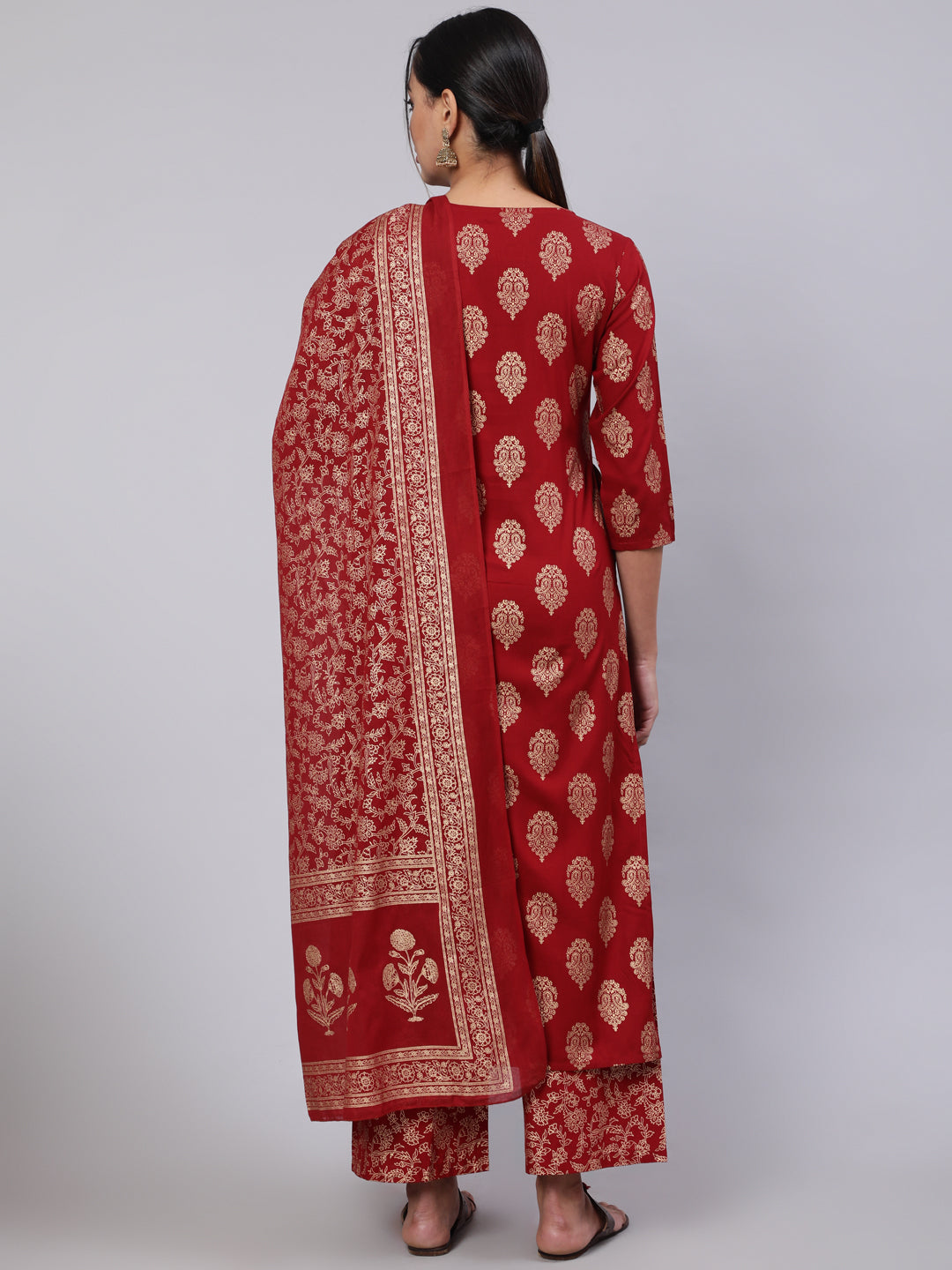 Women Maroon Ethnic Printed Kurta With Palazzo And Dupatta | LASVINI - Redefining Indian Fashion with Elegance
