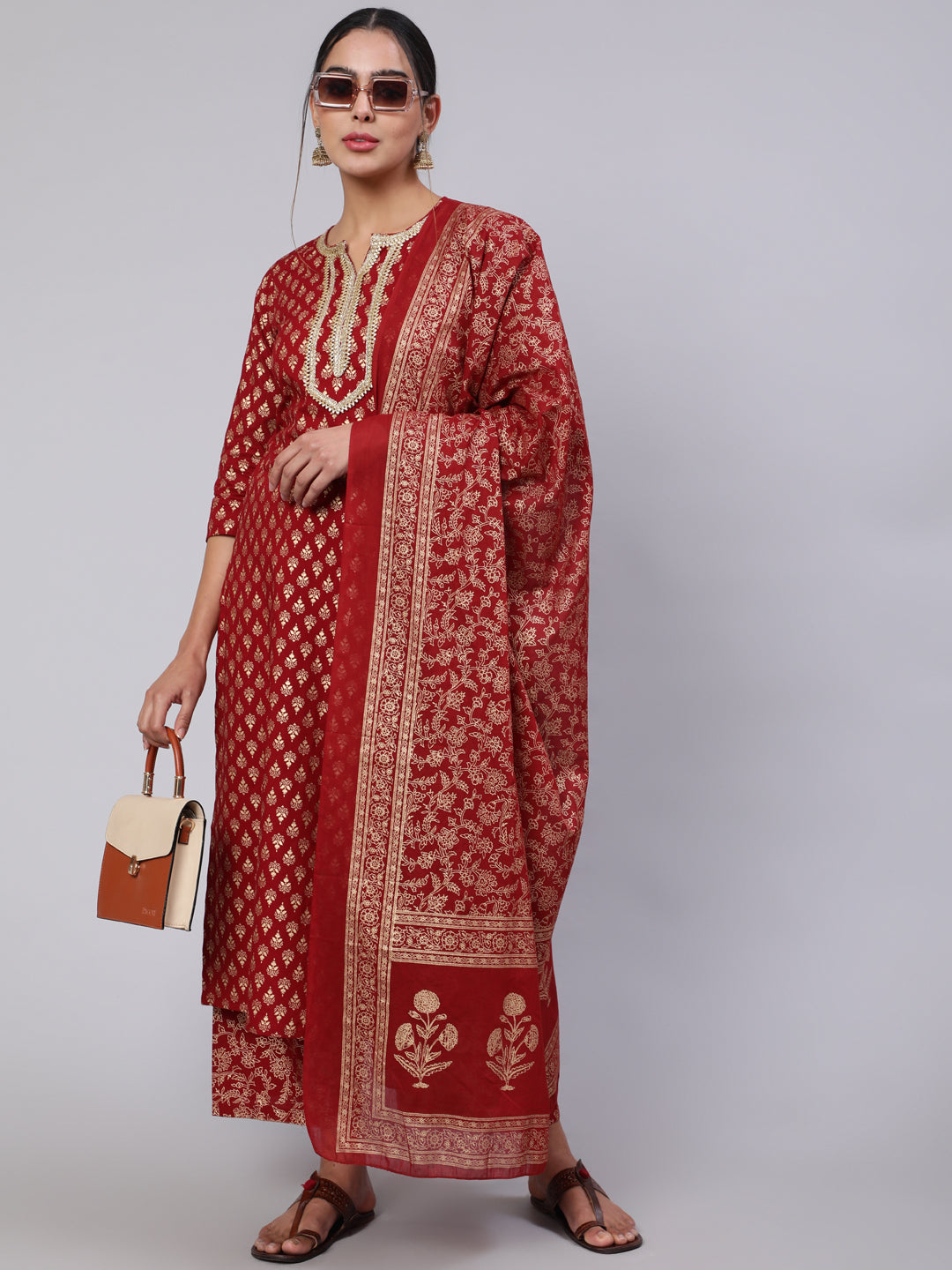 Women Maroon Ethnic Printed Kurta With Palazzo And Dupatta | LASVINI - Redefining Indian Fashion with Elegance