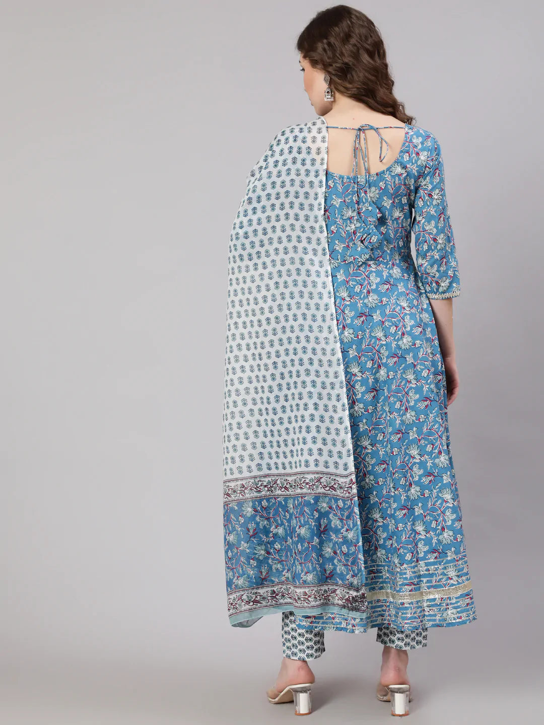 Women Blue Printed Anarkali Kurta With Trouser And Dupatta | LASVINI - Redefining Indian Fashion with Elegance