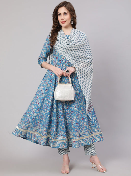 Women Blue Printed Anarkali Kurta With Trouser And Dupatta | LASVINI - Redefining Indian Fashion with Elegance