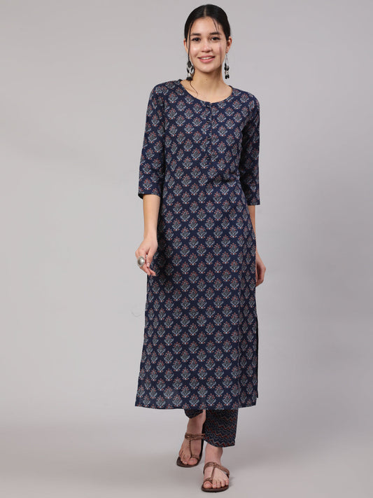 Women Blue Printed Straight Kurta With Trouser | LASVINI - Redefining Indian Fashion with Elegance