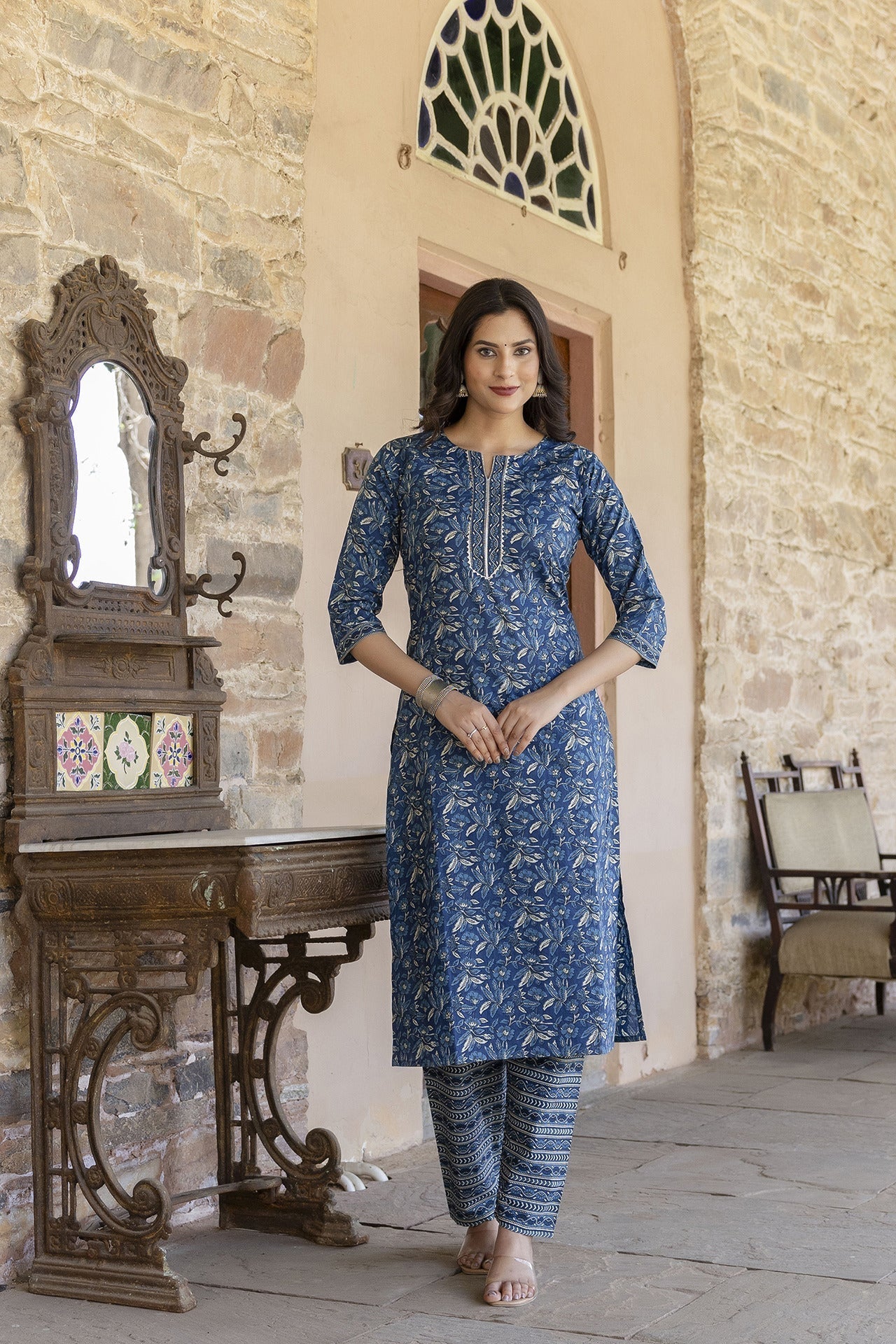 Women Blue Printed Straight Kurta With Trouser | LASVINI - Redefining Indian Fashion with Elegance