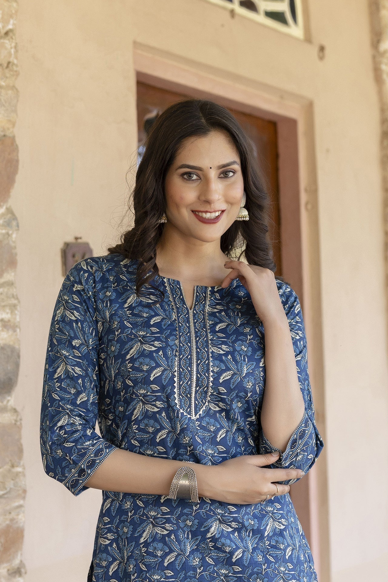 Women Blue Printed Straight Kurta With Trouser | LASVINI - Redefining Indian Fashion with Elegance
