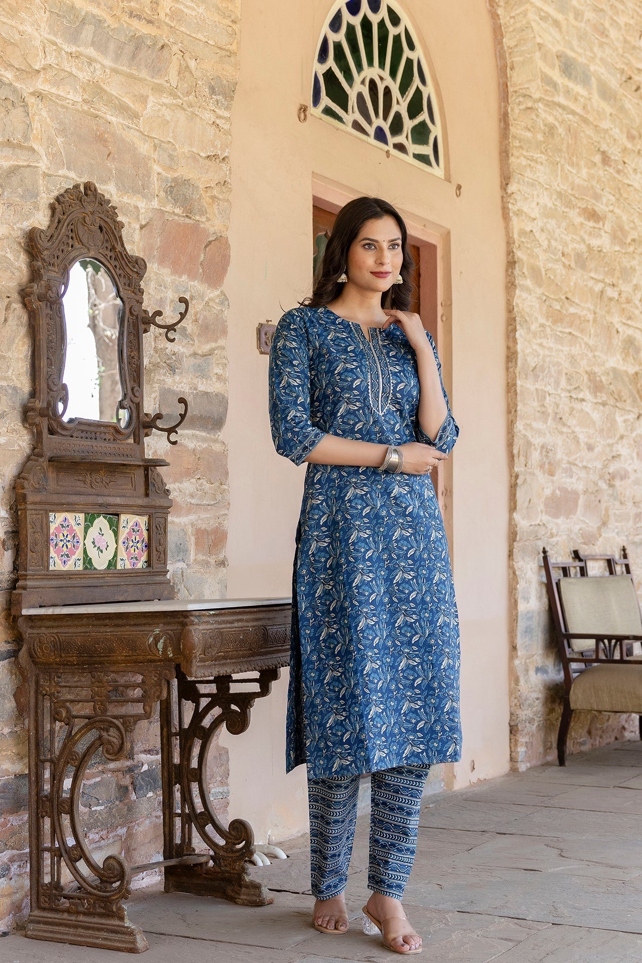Women Blue Printed Straight Kurta With Trouser | LASVINI - Redefining Indian Fashion with Elegance