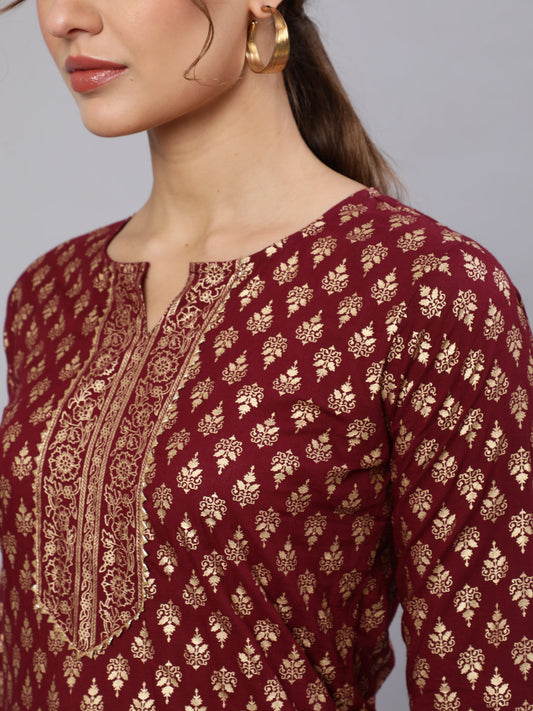 Women Burgundy Ethnic Printed Kurta With Palazzo And Dupatta | LASVINI - Redefining Indian Fashion with Elegance