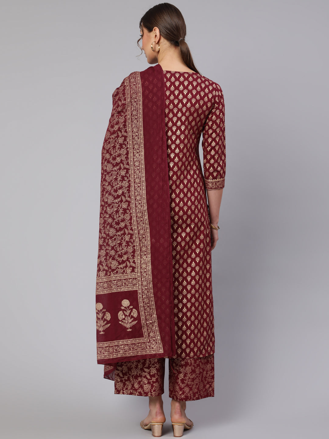 Women Burgundy Ethnic Printed Kurta With Palazzo And Dupatta | LASVINI - Redefining Indian Fashion with Elegance
