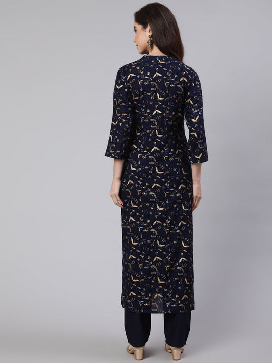 Women Navy Blue Ethnic Printed Straight Kurta With Trouser | LASVINI - Redefining Indian Fashion with Elegance