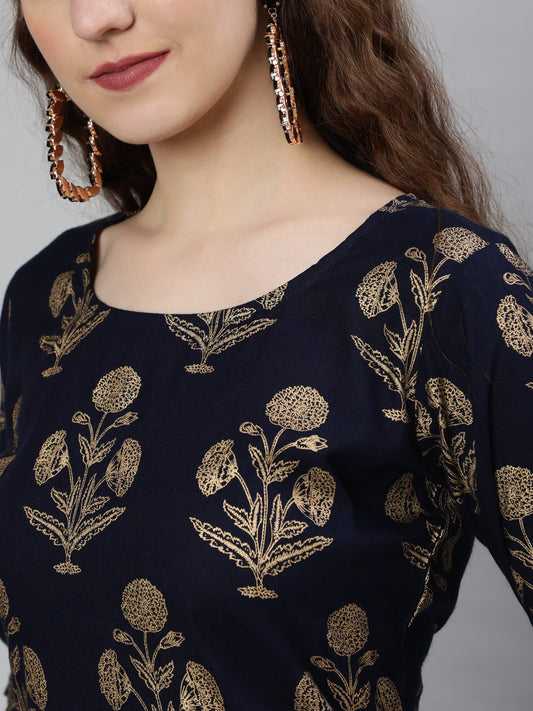 Women Navy Blue Ethnic Printed Kurta With Palazzo And Dupatta | LASVINI - Redefining Indian Fashion with Elegance