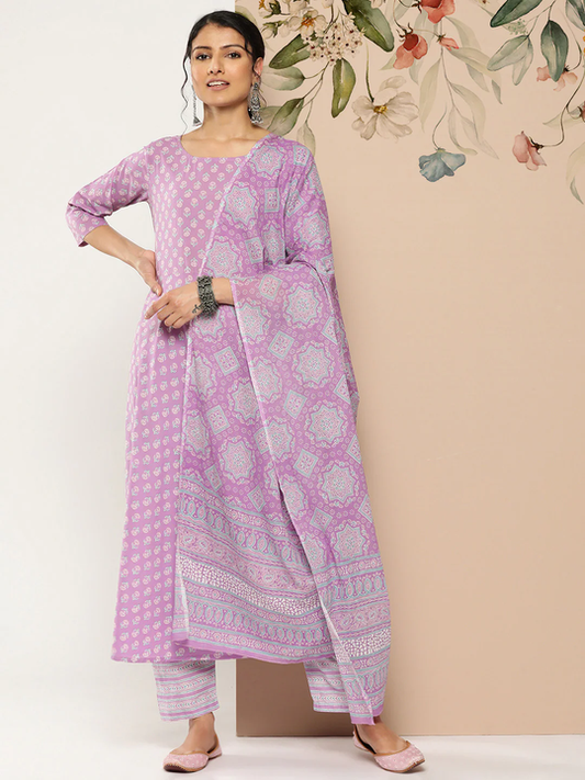 Women Lavender Ethnic Printed Kurta With Trouser And Dupatta | LASVINI - Redefining Indian Fashion with Elegance