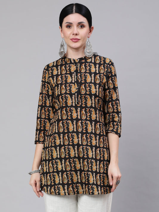 Women Black Paisley Printed Straight Tunic With Three Quarter Sleeves | LASVINI - Redefining Indian Fashion with Elegance