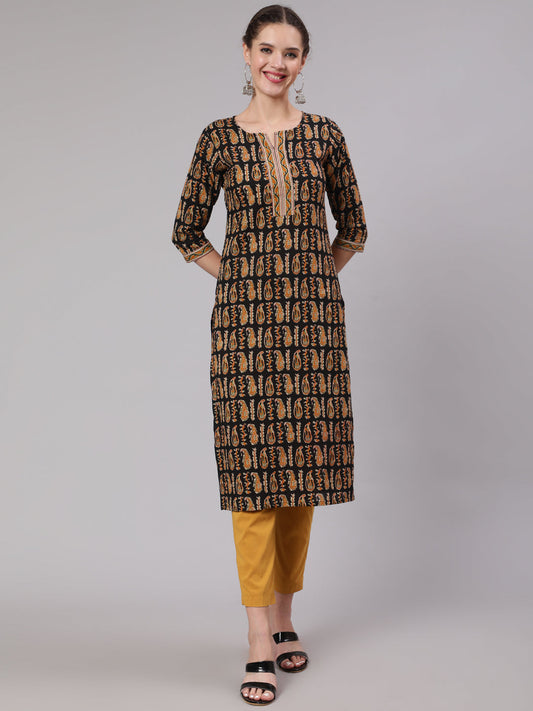 Women Black Ethnic Printed Straight Kurta With Three Quarter Sleeves | LASVINI - Redefining Indian Fashion with Elegance