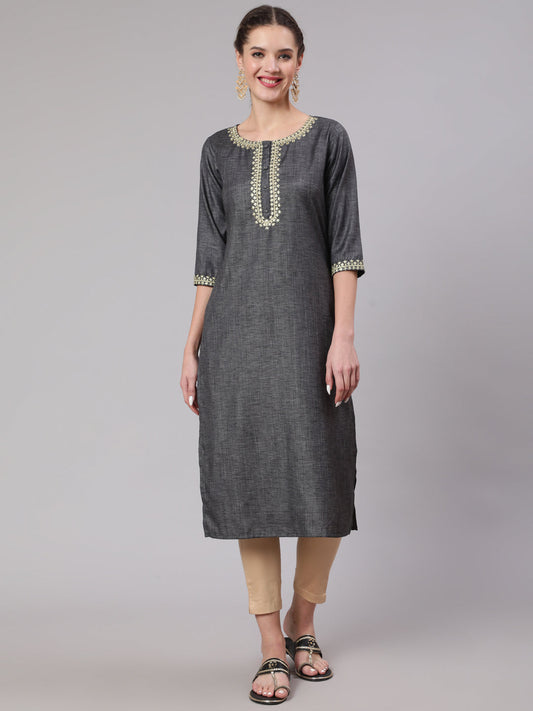 Women Grey Embridered Straight Kurta With Three Quarter Sleeves | LASVINI - Redefining Indian Fashion with Elegance