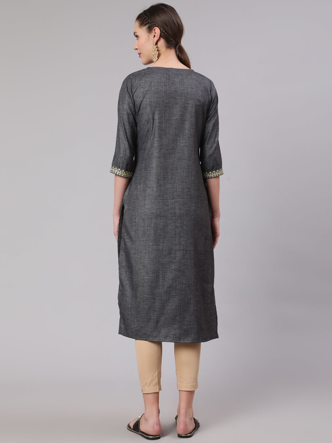 Women Grey Embridered Straight Kurta With Three Quarter Sleeves | LASVINI - Redefining Indian Fashion with Elegance
