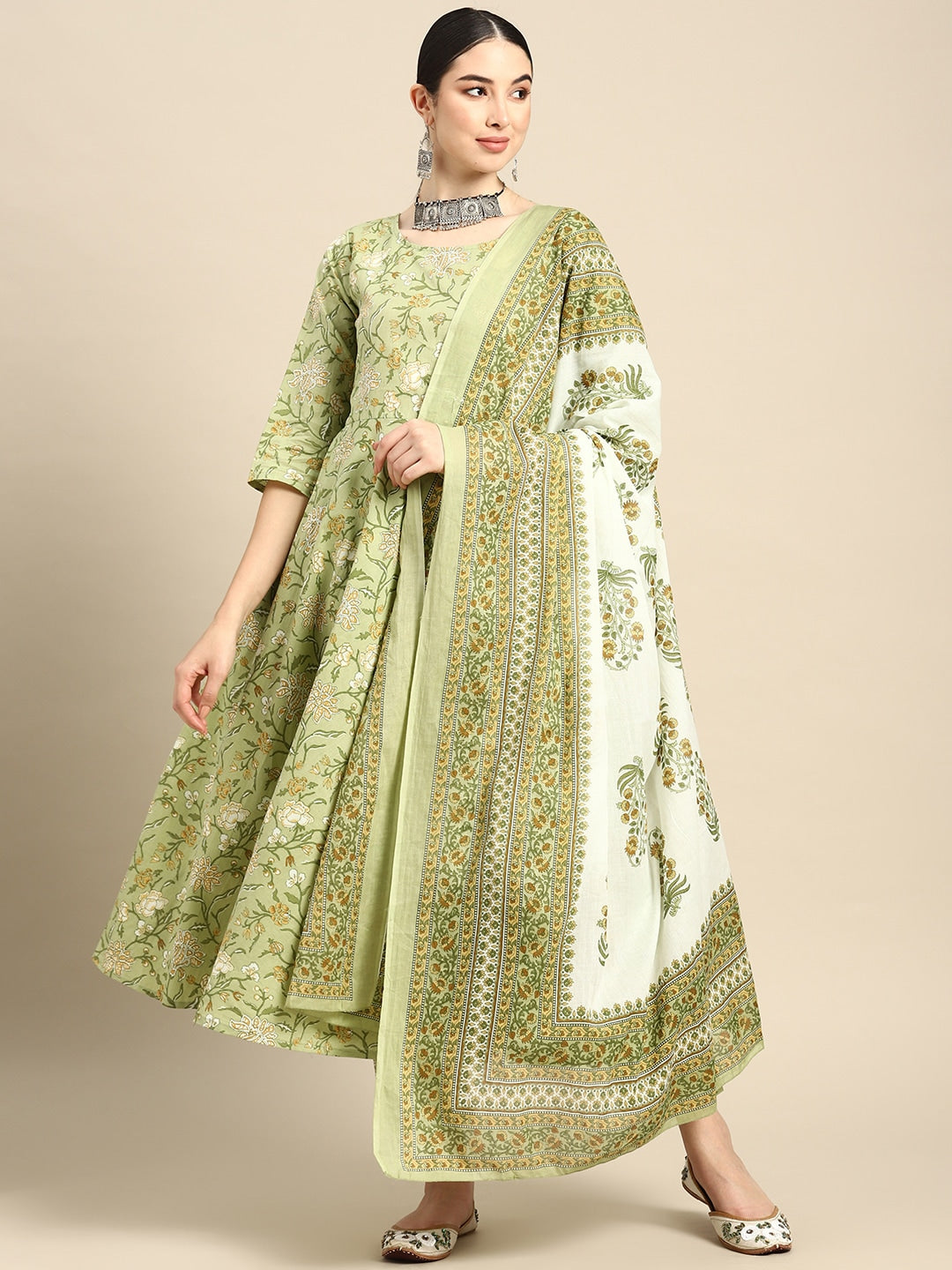 Women Green Floral Printed Anarkali Kurta With Trouser And Dupatta | LASVINI - Redefining Indian Fashion with Elegance