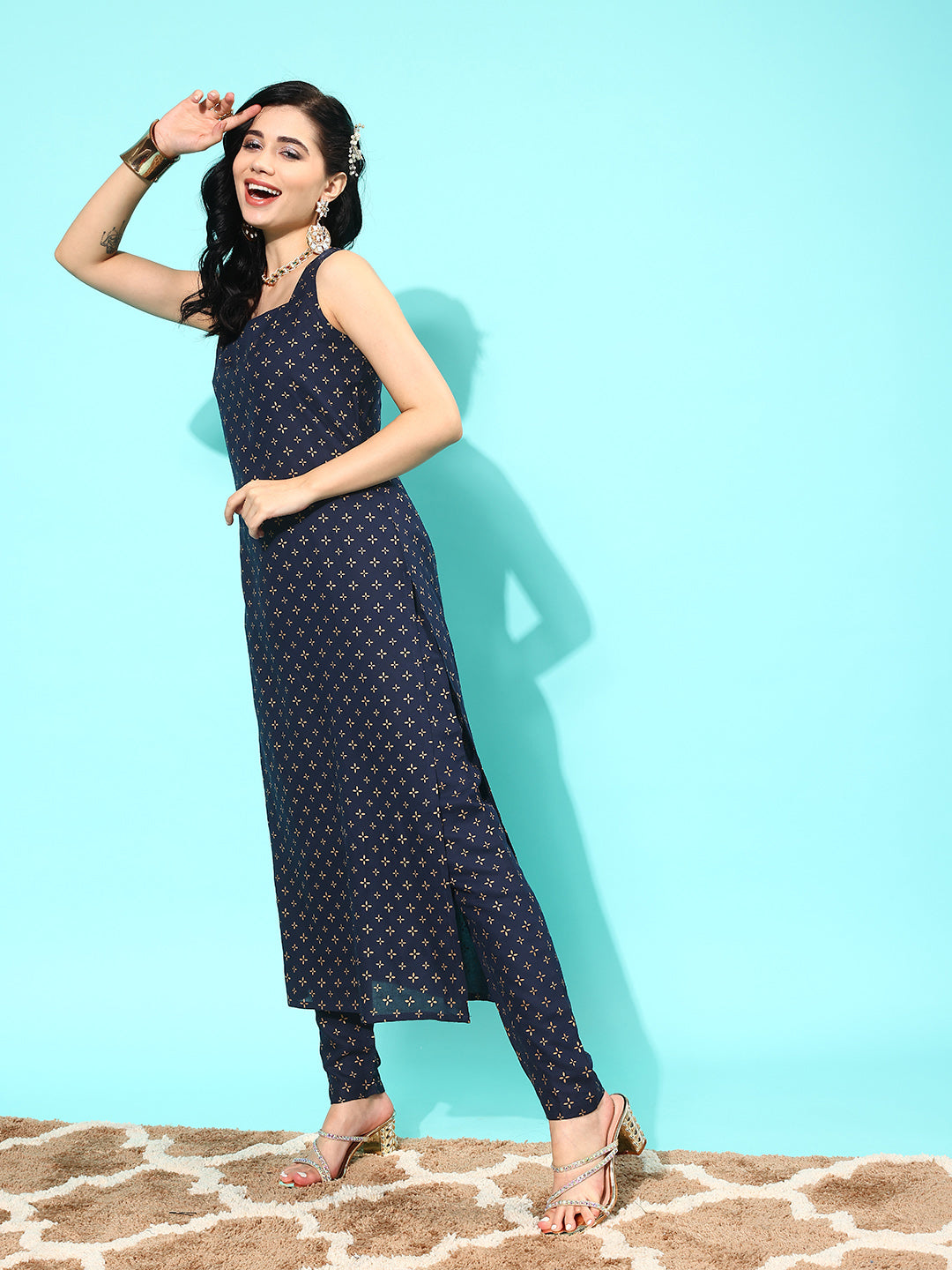 Women Navy Blue Ethnic Printed Sleeveless Kurta With Trouser And Dupatta | LASVINI - Redefining Indian Fashion with Elegance