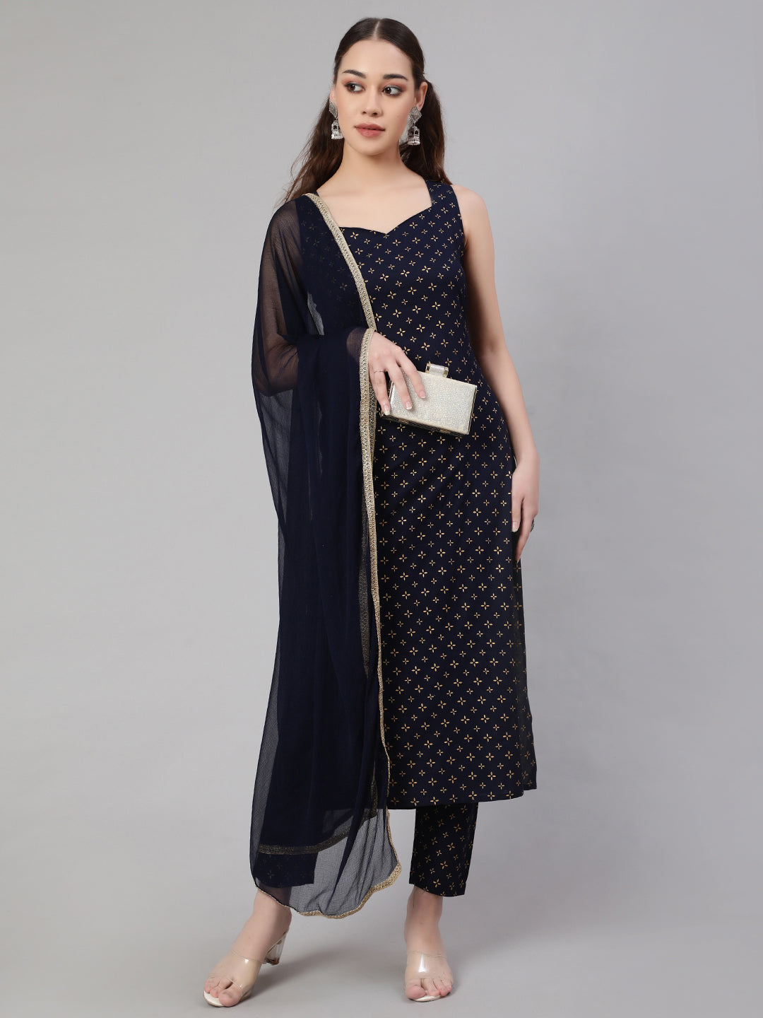 Women Navy Blue Ethnic Printed Sleeveless Kurta With Trouser And Dupatta | LASVINI - Redefining Indian Fashion with Elegance