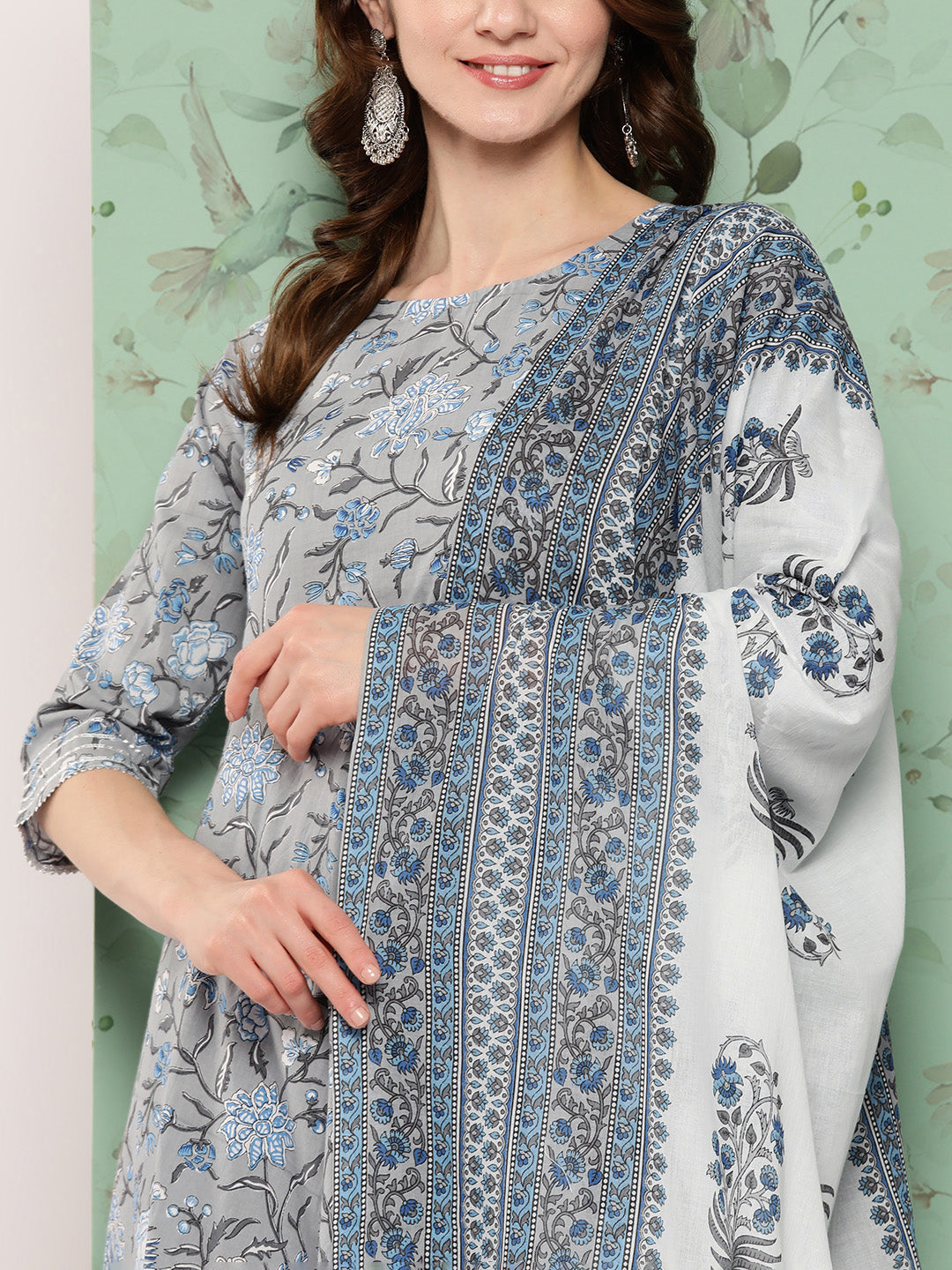 Women Grey Floral Printed Flared Kurta And Trouser With Dupatta | LASVINI - Redefining Indian Fashion with Elegance