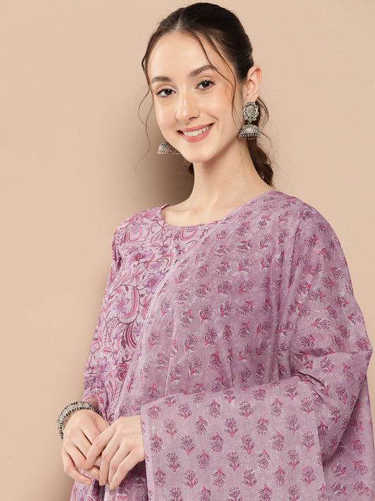 Women Lavender Floral Printed Kurta With Trouser And Dupatta | LASVINI - Redefining Indian Fashion with Elegance