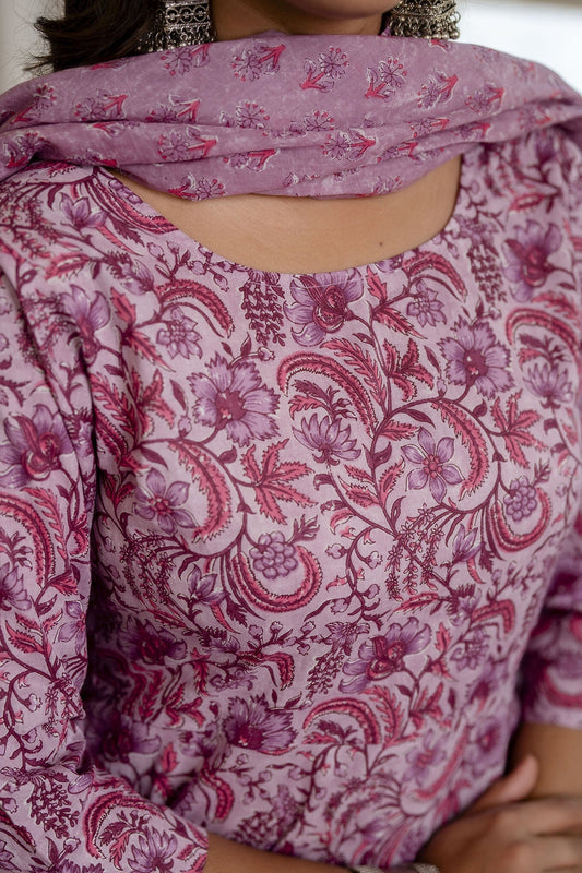 Women Lavender Floral Printed Kurta With Trouser And Dupatta | LASVINI - Redefining Indian Fashion with Elegance