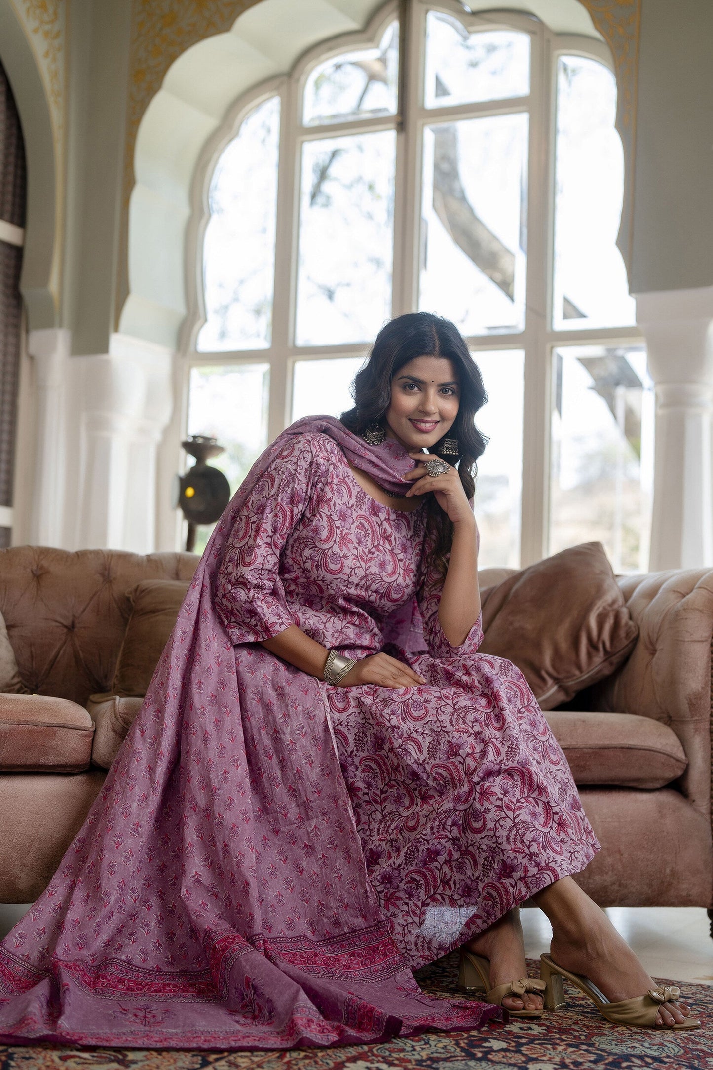 Women Lavender Floral Printed Kurta With Trouser And Dupatta | LASVINI - Redefining Indian Fashion with Elegance