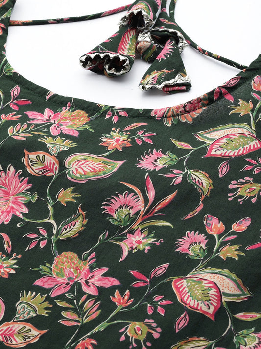 Women Green & Pink Floral Anarkali Kurta With Trouser And Dupatta | LASVINI - Redefining Indian Fashion with Elegance