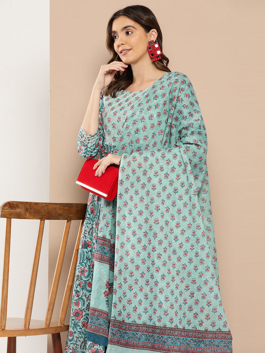 Women Sea Green Printed Flared Kurta And Trouser With Dupatta | LASVINI - Redefining Indian Fashion with Elegance