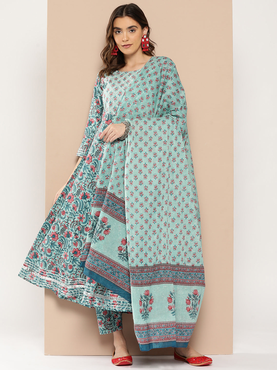 Women Sea Green Printed Flared Kurta And Trouser With Dupatta | LASVINI - Redefining Indian Fashion with Elegance