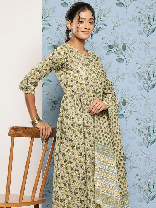 Women Green Printed Gathered Kurta And Trouser With Dupatta | LASVINI - Redefining Indian Fashion with Elegance