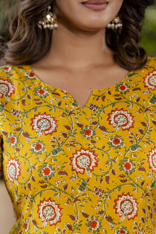 Women Yellow Floral Printed Flared Dress With Scalloped Dupatta | LASVINI - Redefining Indian Fashion with Elegance